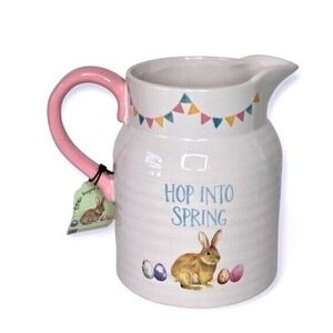 Spring Bunny Stoneware Pitcher Vase Jug "Hop Into Spring" Color Eggs Pink Handle